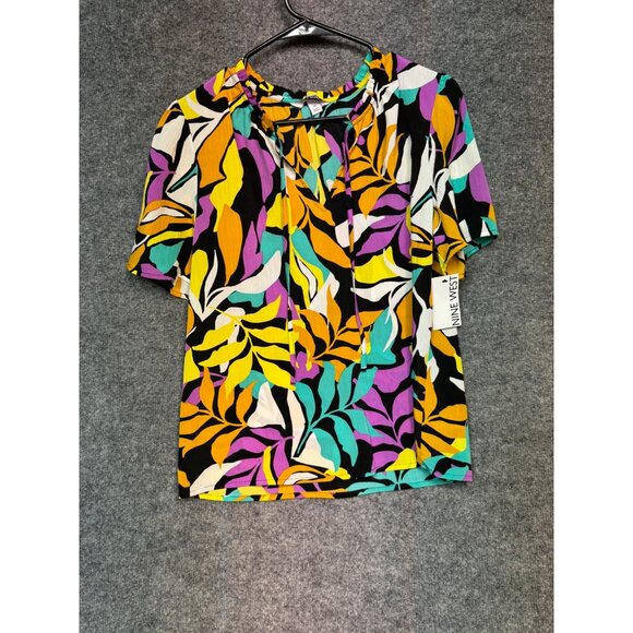 Nine West Top Women’s M Multicolor Abstract Leaf Print Short Sleeve Tie Neck Top - Picture 3 of 12